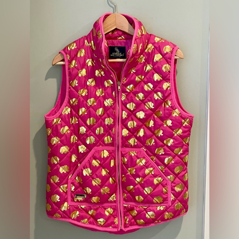 Simply Southern Puffer Pink & Gold Elephant Vest-Size Large
